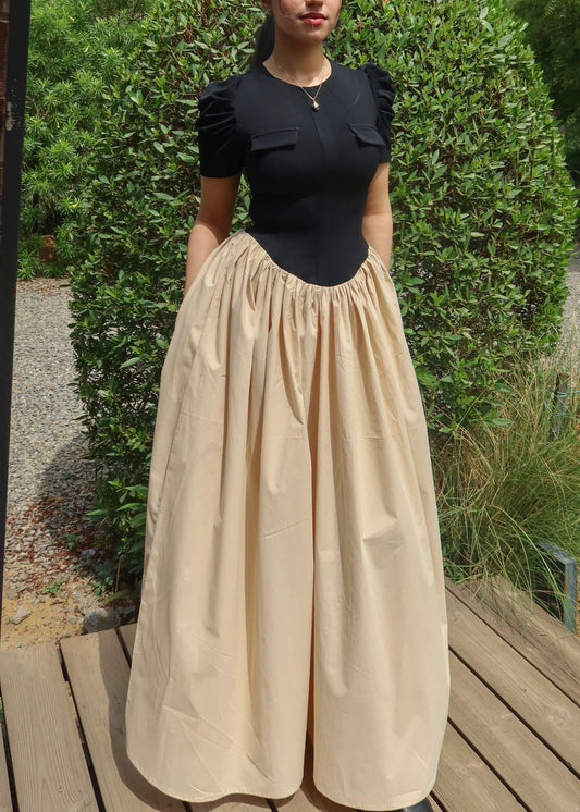 Women's Black Short Sleeved Shirt One-piece Maxi Dress