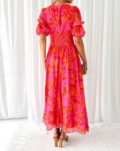 Elegant Rose Maxi Dress with Puff Sleeves and V-Neckline
