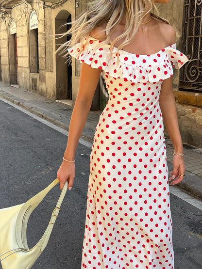 Sweetie Polka Dot Ruffle Hem Off-Shoulder Long Dress