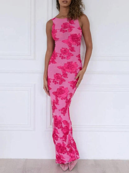 Floral Applique Mesh Maxi Dress