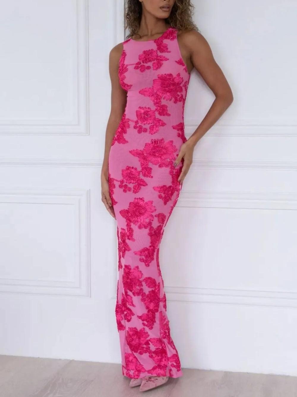 Floral Applique Mesh Maxi Dress
