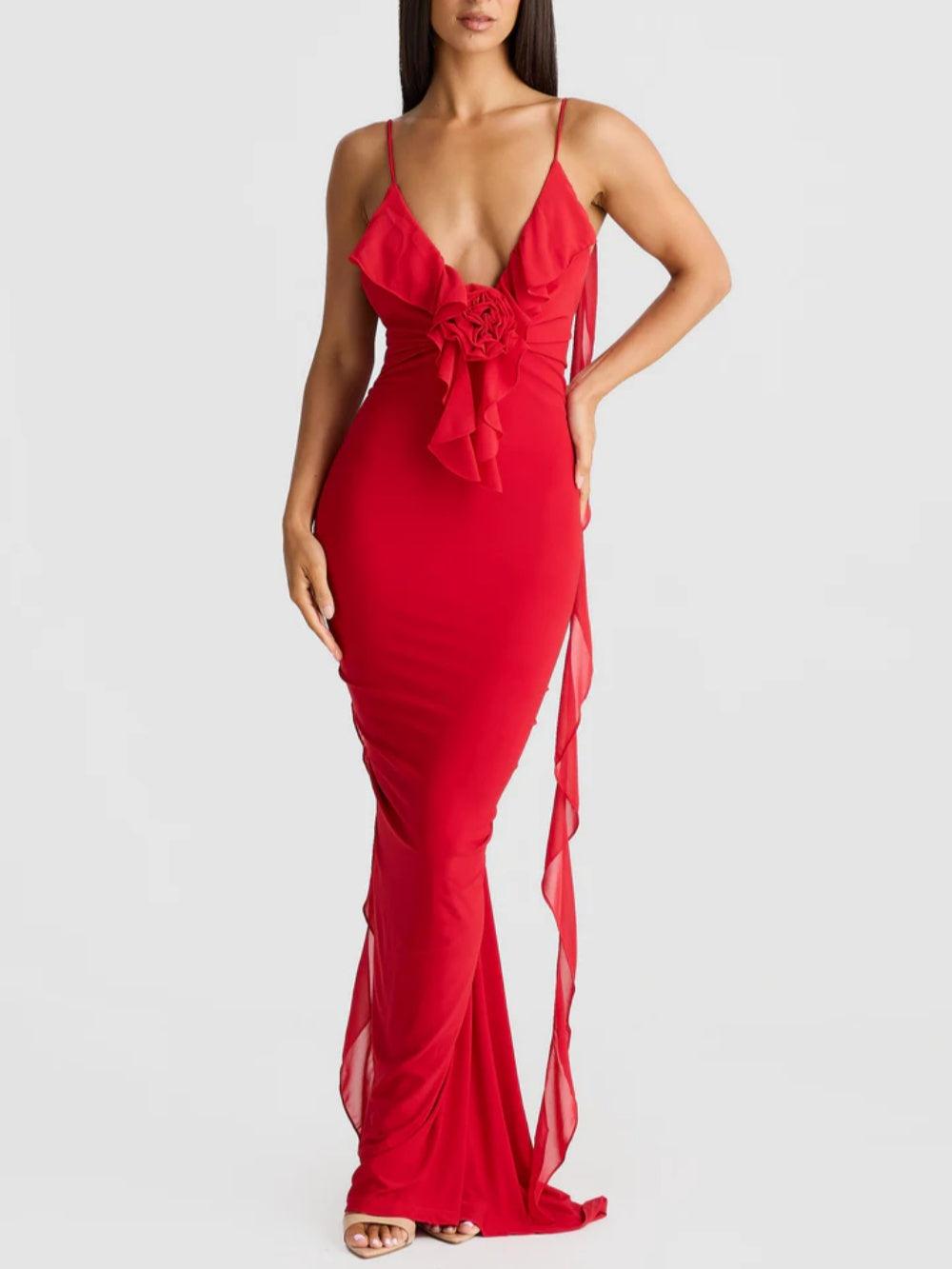 Rose-patterned ruffled lace maxi dress