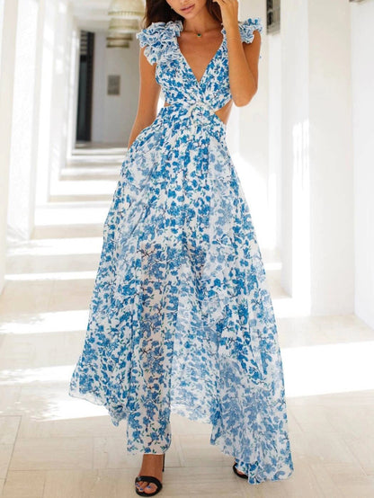 Deep V-neck Floral Hollow Maxi Dress