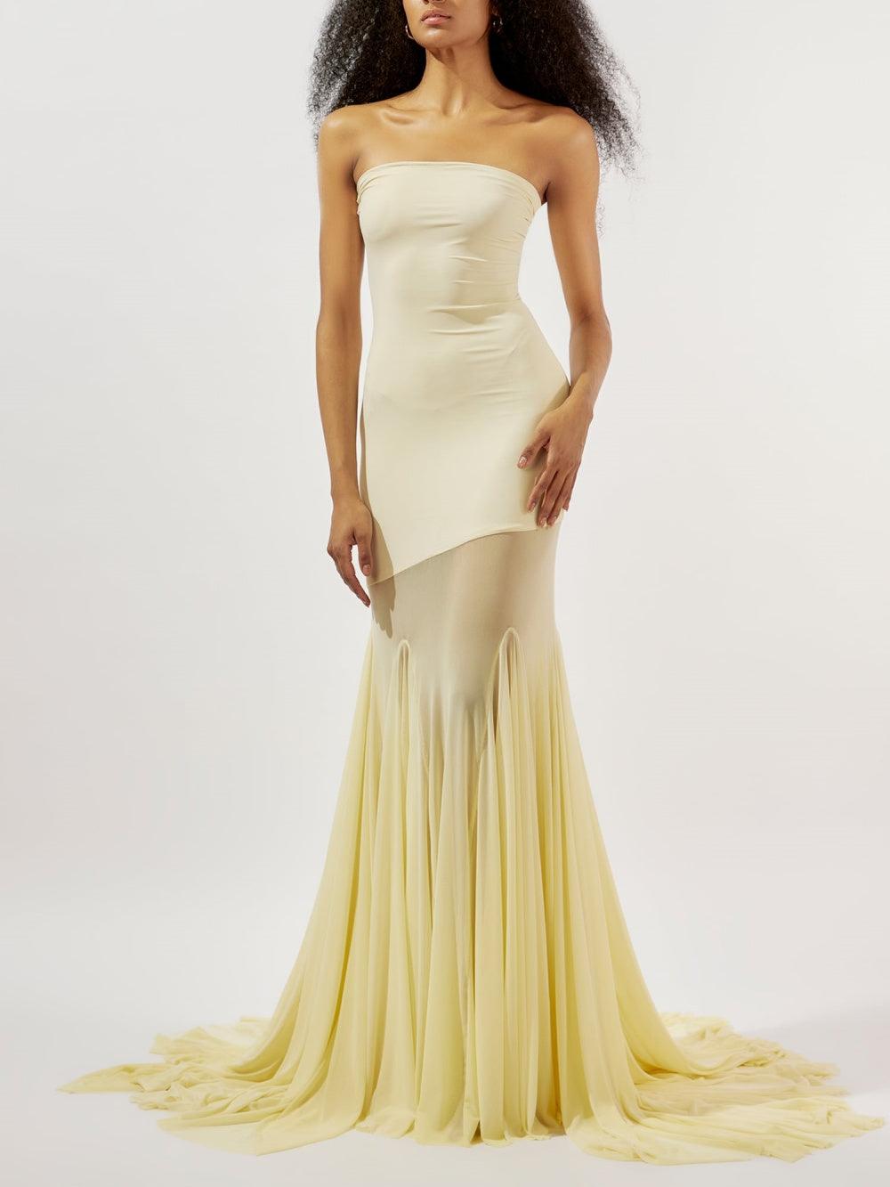 Yellow off-shoulder sheer tulle maxi dress