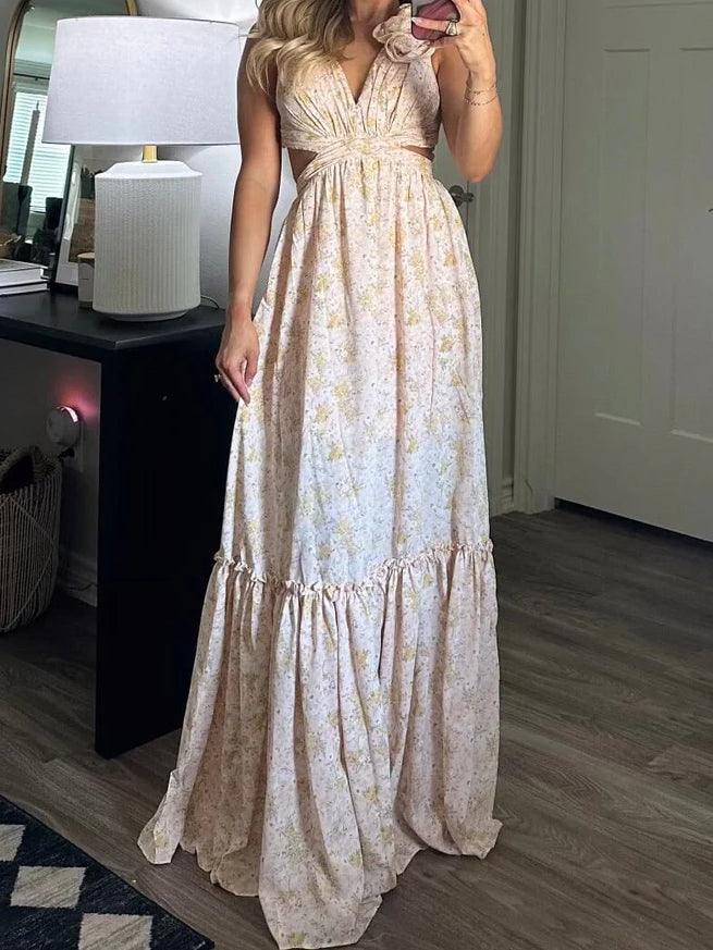 3D Flower Decorated Tie-Back  Maxi Dress