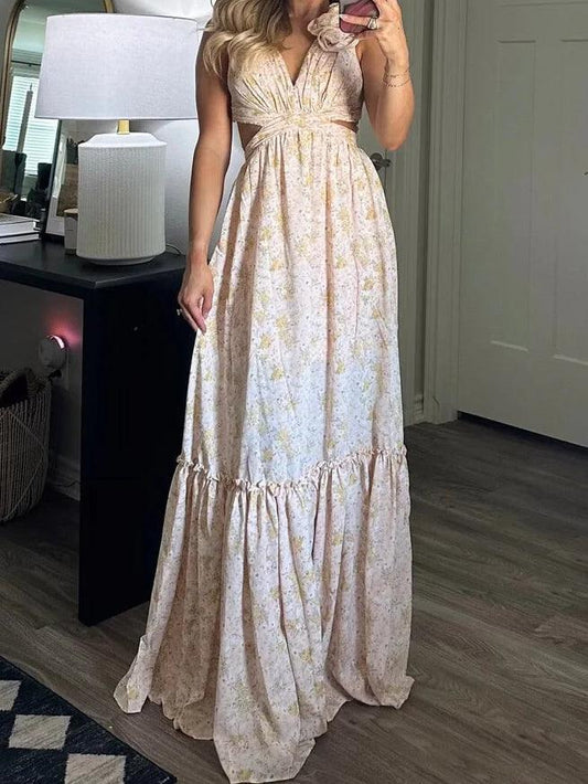 3D Flower Decorated Tie-Back  Maxi Dress