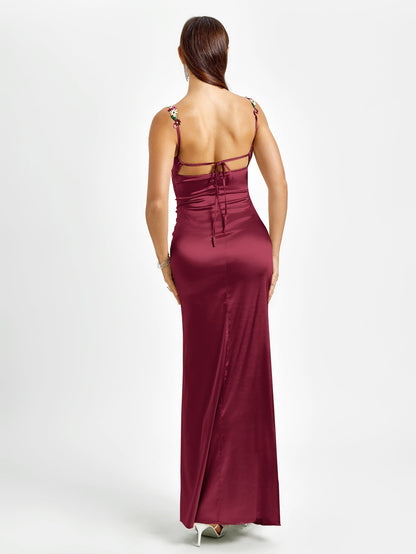 Embellished Strap Tie Back Satin Bodycon Dress