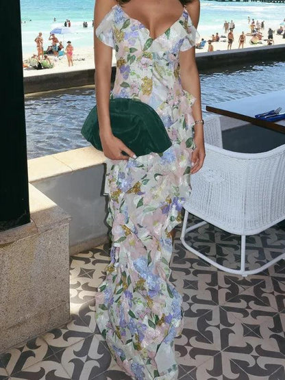 Multi-layer lace suspenders irregular hem Maxi Dress