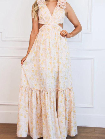 3D Flower Decorated Tie-Back  Maxi Dress