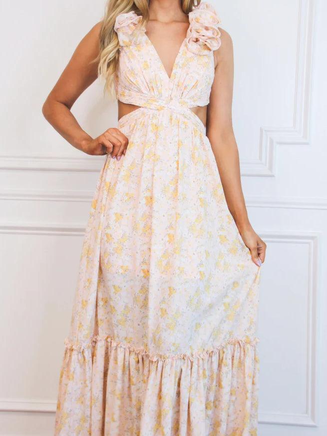 3D Flower Decorated Tie-Back  Maxi Dress