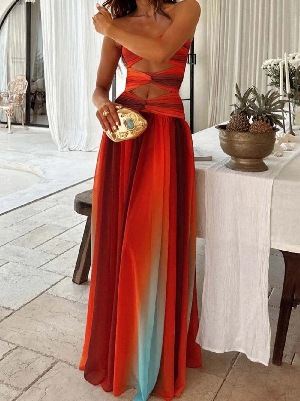 Sexy Gradient Print Hollow Party Maxi Dress