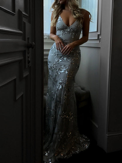 Sequin V-Neck Backless Maxi Dress