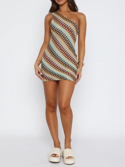 Slim-fit yarn-dyed oblique collar stretch mini dress