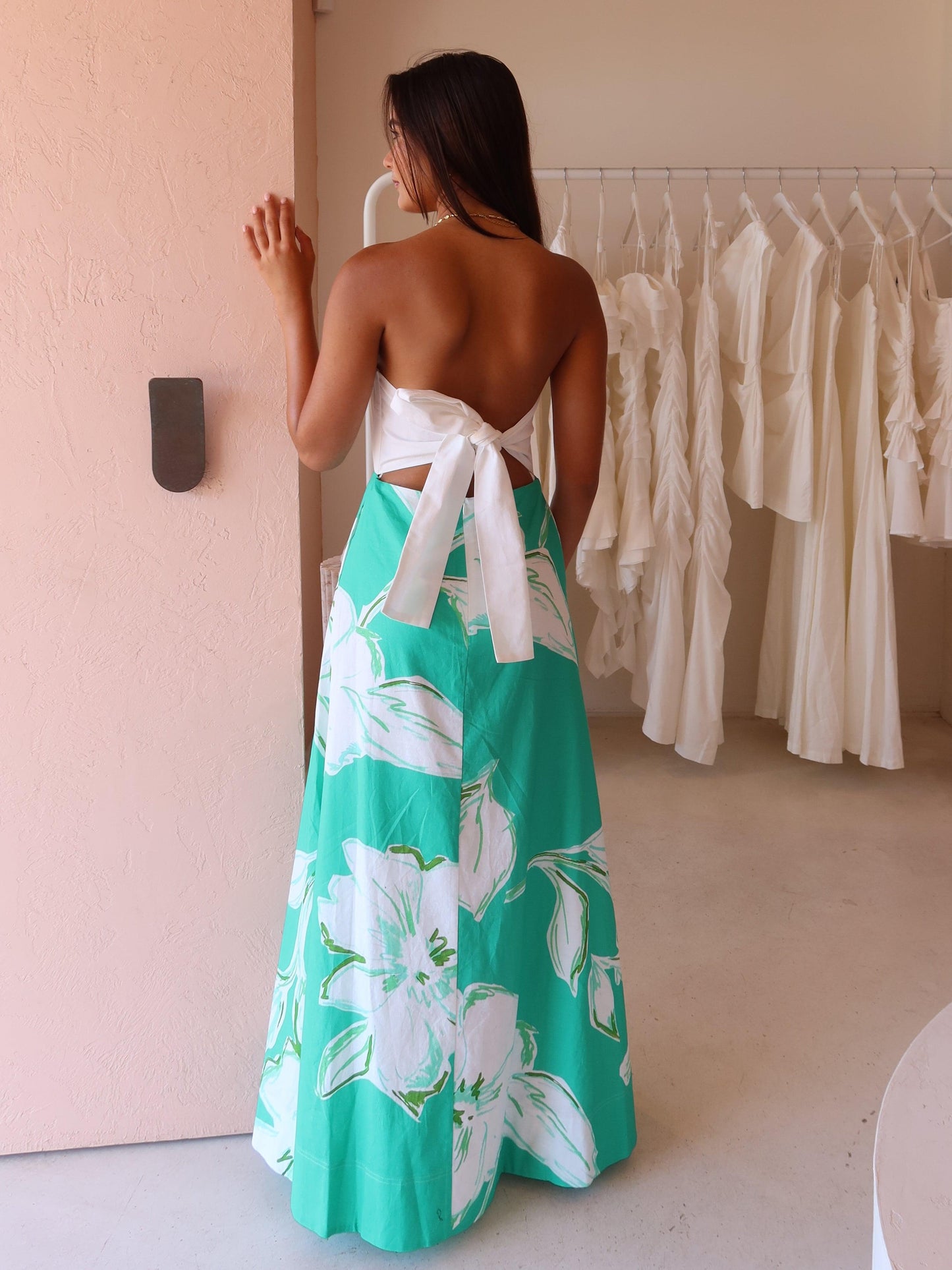 By Nicola Wavy Strapless Maxi Dress in White Verde Fleur