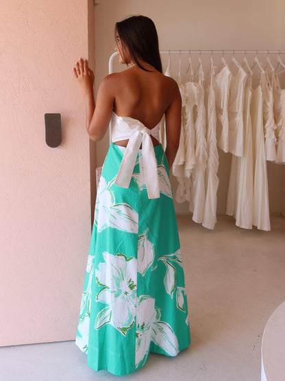 By Nicola Wavy Strapless Maxi Dress in White Verde Fleur