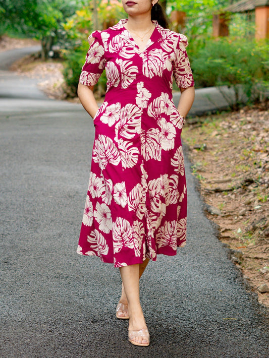 Lapel Floral Print Shirt Dress