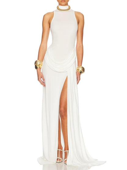 Slit waist pleated sleeveless maxi dress