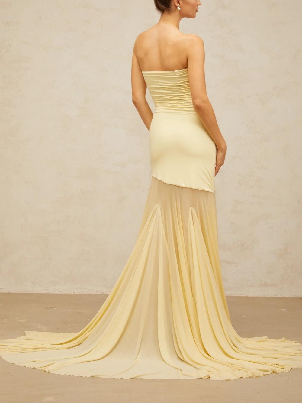 Yellow off-shoulder sheer tulle maxi dress