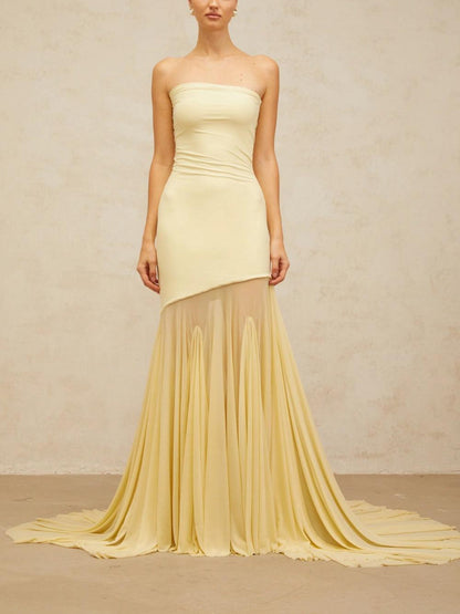 Yellow off-shoulder sheer tulle maxi dress