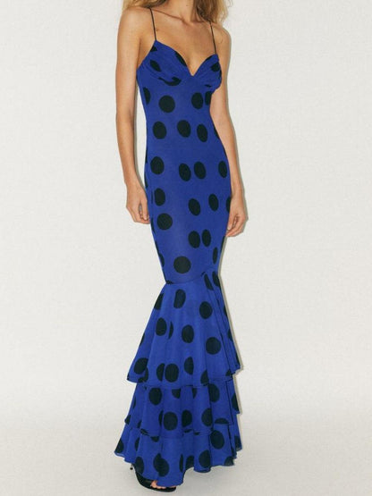 Polka dot suspender fishtail maxi dress