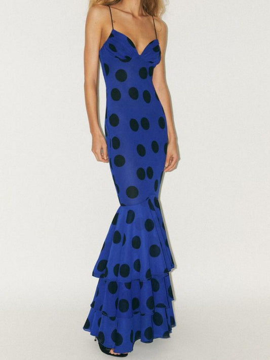 Polka dot suspender fishtail maxi dress