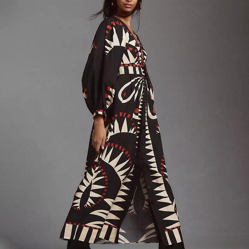 Retro Print Long Sleeve Fashion V Neck Lantern Sleeve Dress