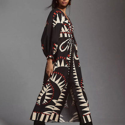 Retro Print Long Sleeve Fashion V Neck Lantern Sleeve Dress