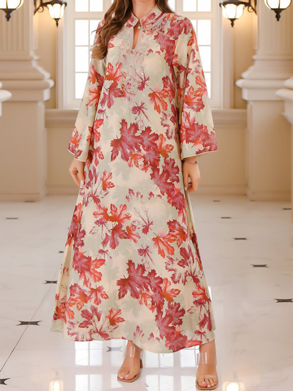 Maple Leaf Print Maxi Dress Robe