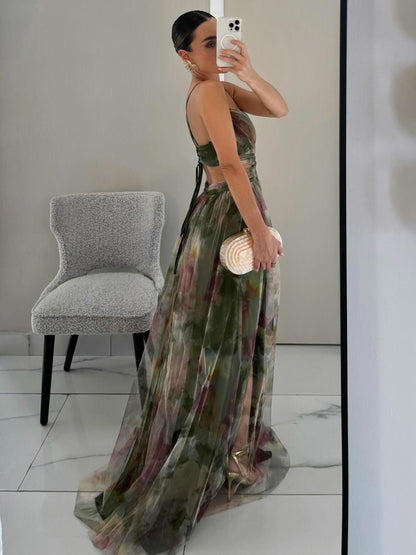 Elegant Painted Floral Print V-Neck A-Line Maxi Dress