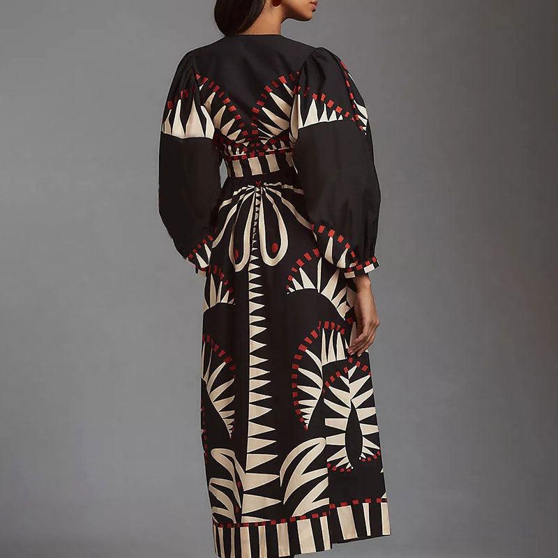 Retro Print Long Sleeve Fashion V Neck Lantern Sleeve Dress