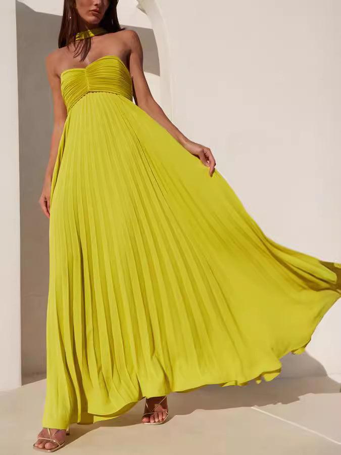 Solid color tube top pleated ribbon dress