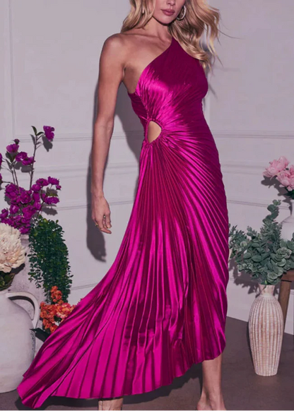 Glam Pleated One Shoulder Asymmetrical Maxi Dress