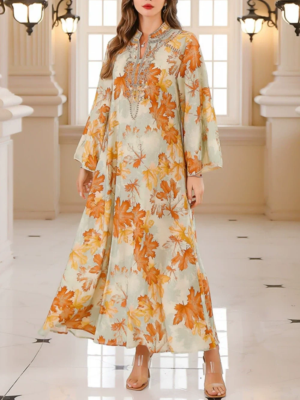 Maple Leaf Print Maxi Dress Robe