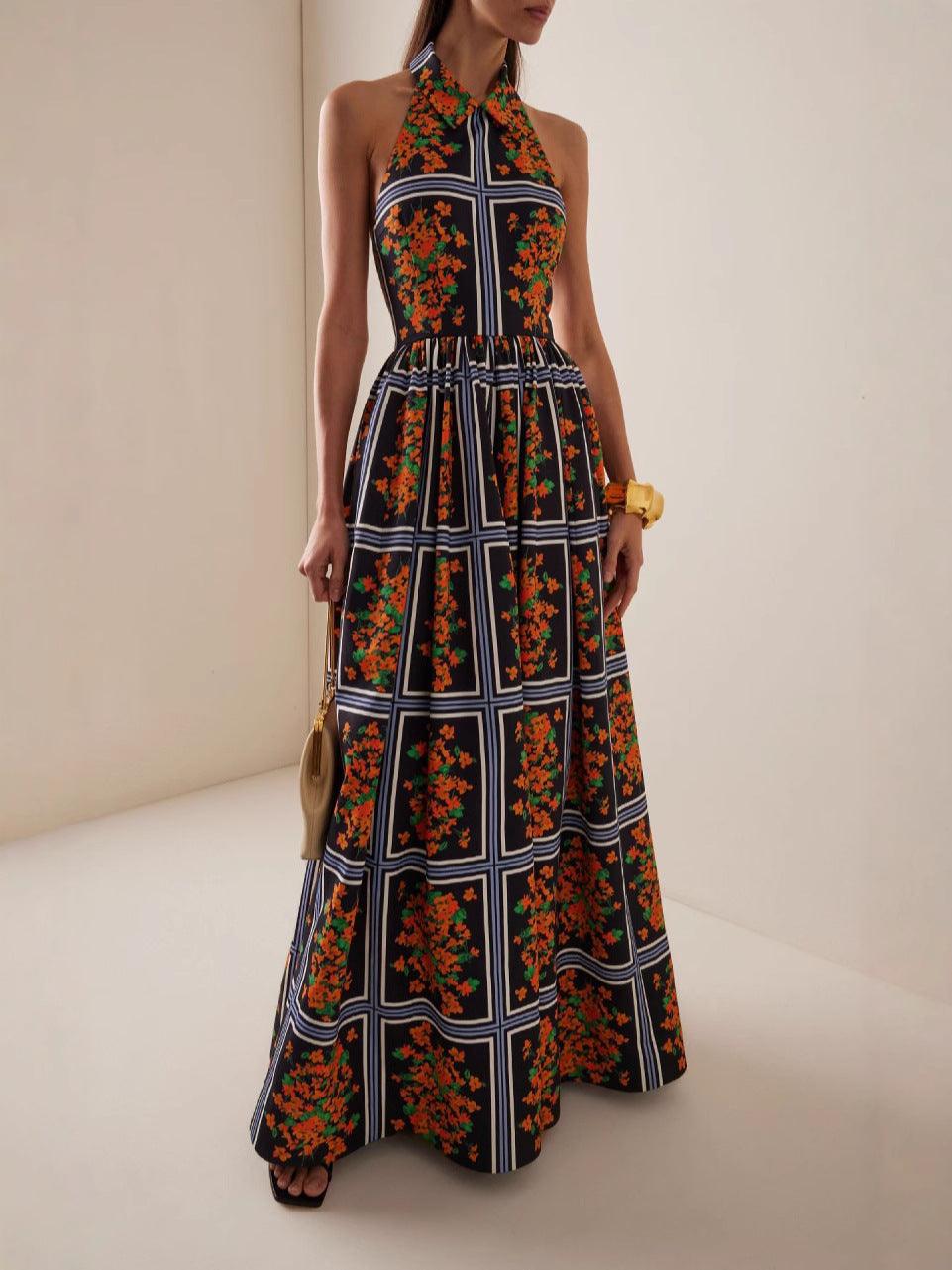 Sexy backless lapel printed long dress