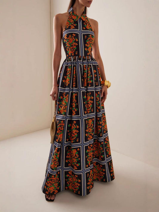 Sexy backless lapel printed long dress