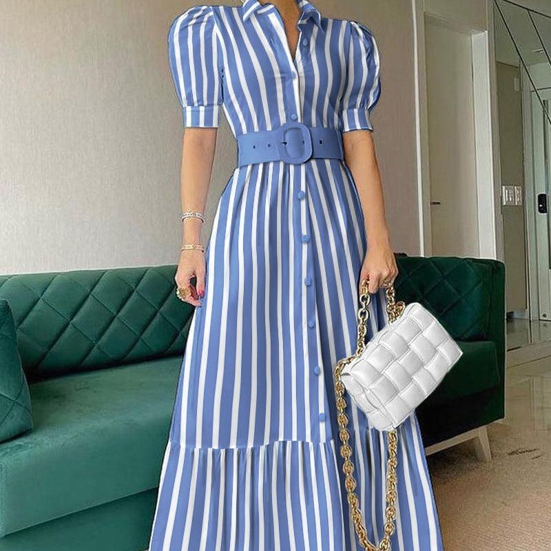 Temperament commuting long short-sleeved swing dress with belt
