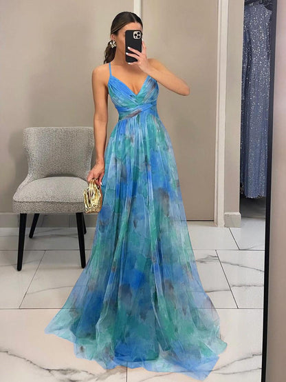 Elegant Painted Floral Print V-Neck A-Line Maxi Dress