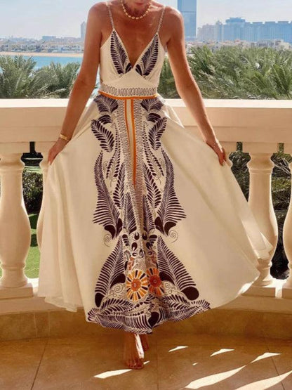 Backless Lace-up Maxi Dress with Printed V-Neck Elegant Dress