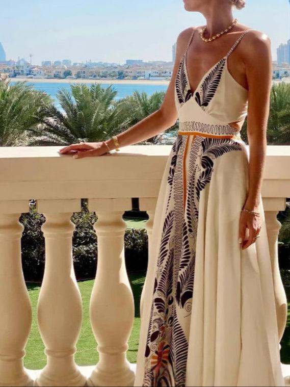 Backless Lace-up Maxi Dress with Printed V-Neck Elegant Dress