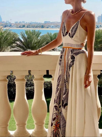 Backless Lace-up Maxi Dress with Printed V-Neck Elegant Dress
