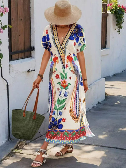 V-neck printed loose short-sleeved maxi dress