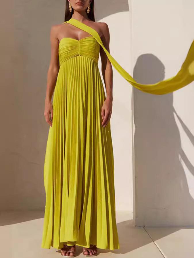 Solid color tube top pleated ribbon dress