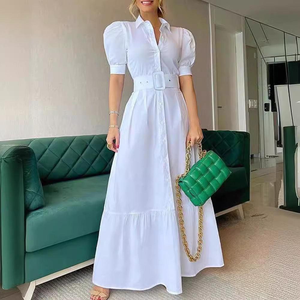 Temperament commuting long short-sleeved swing dress with belt