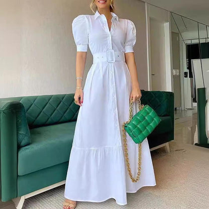 Temperament commuting long short-sleeved swing dress with belt
