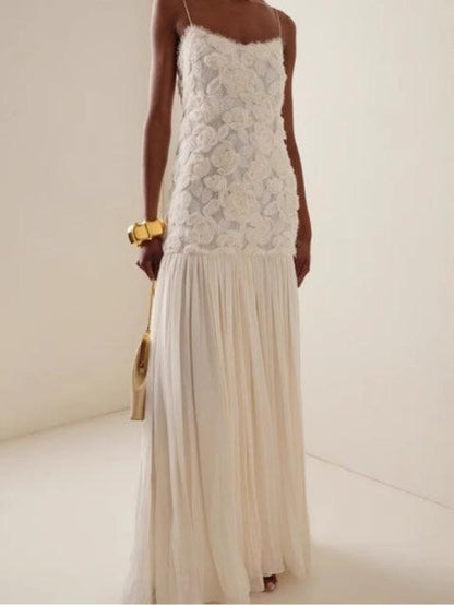 Chiffon long skirt three-dimensional flower stitching suspender dress