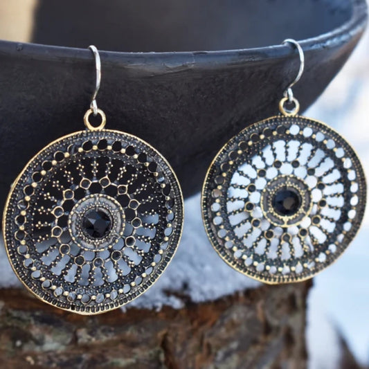 Vintage Round Mandala Blue Zirconia Earrings