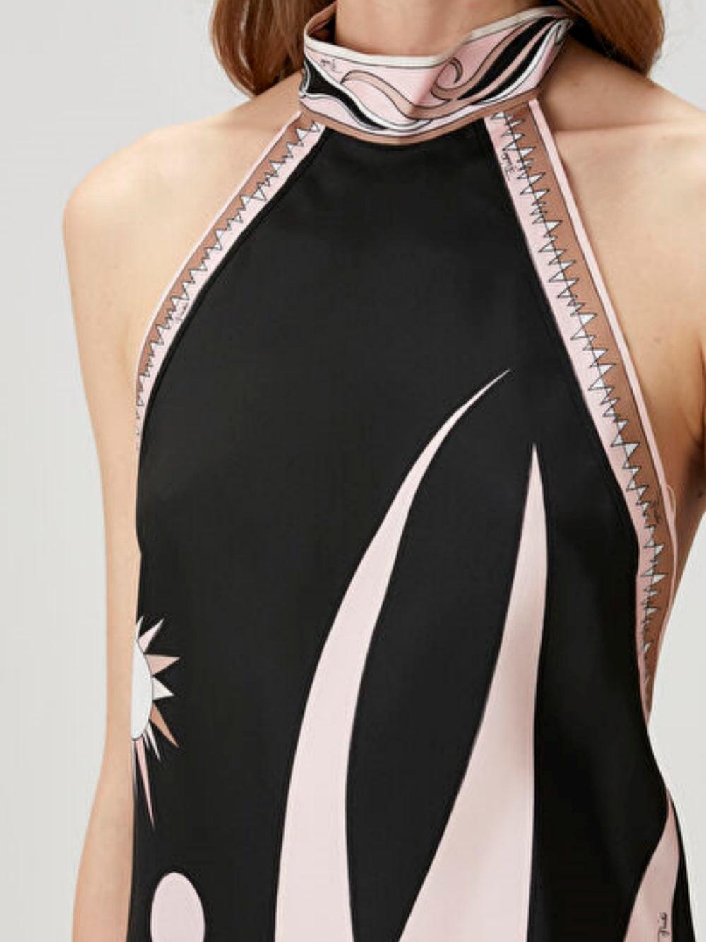 Halter Neck Printed Satin Midi Dress