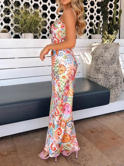Multicolor Satin Summer Print Maxi Dress