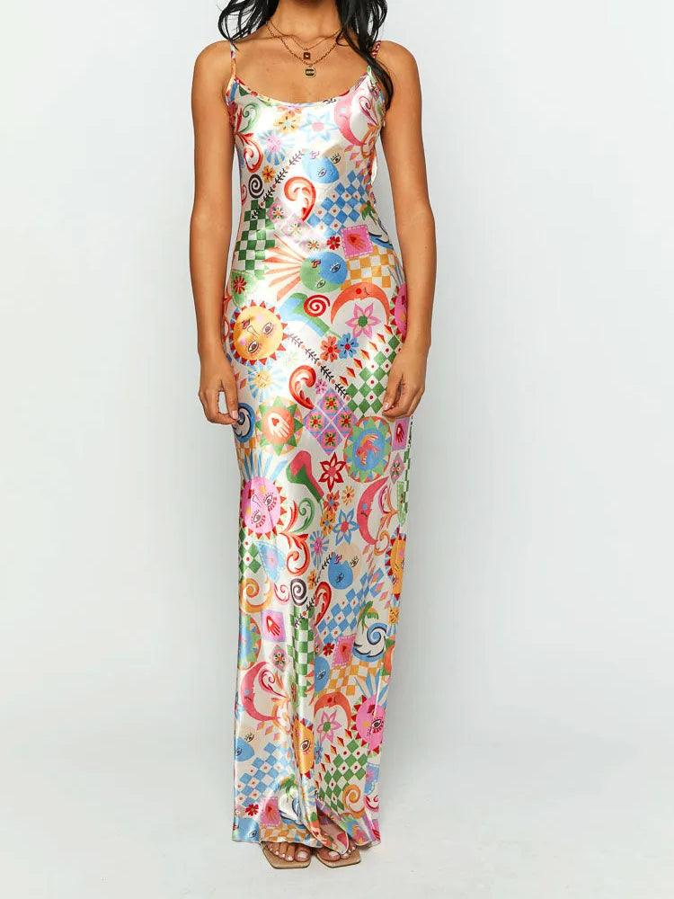 Multicolor Satin Summer Print Maxi Dress