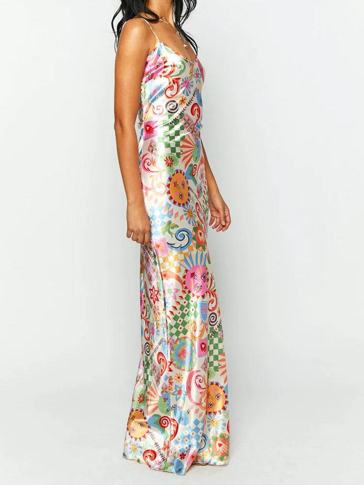 Multicolor Satin Summer Print Maxi Dress